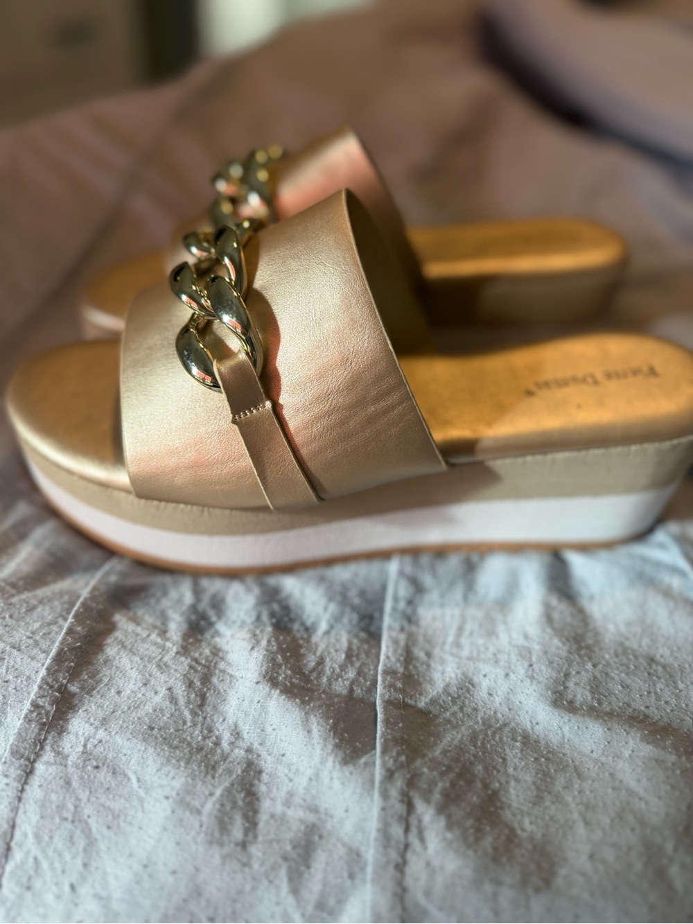 Pierre Dumas Gold and Beige Platform Slide with Chain Accent